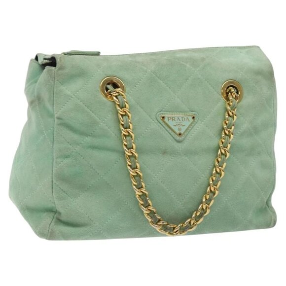 PRADA Chain Hand Bag Suede Peppermint Gold Auth BA2253 - Picture 1 of 16